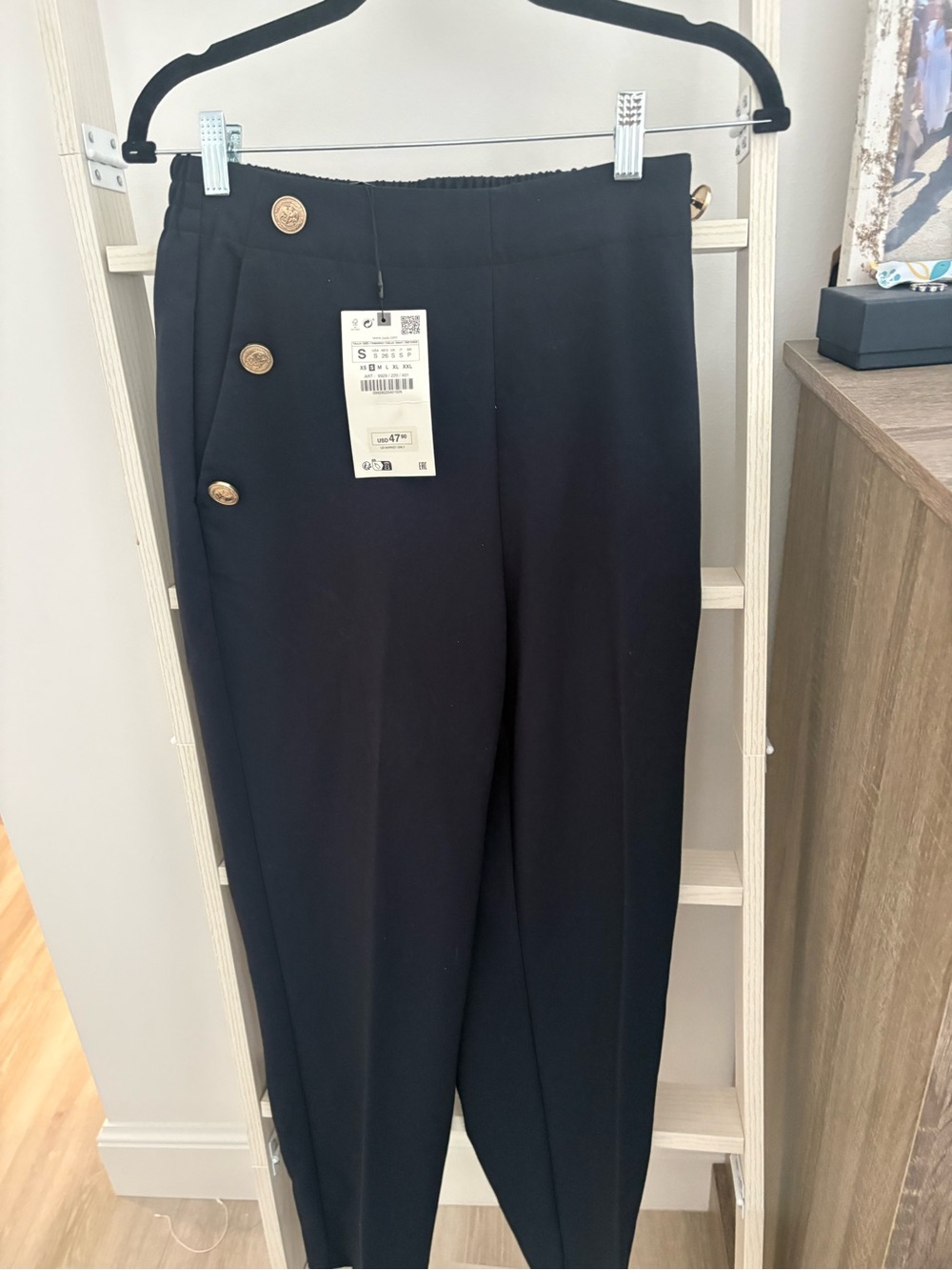 Zara Dark Navy Wide Leg Trousers with Button Detail